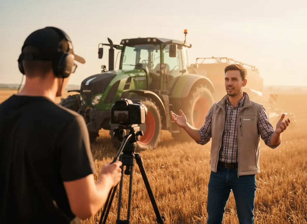 Ein Mann steht auf einem Acker vor der Kamera mit einem Traktor im Hintergrund. Der Kameramann mit Kopfhörern auf und die Kamera auf einem Stativ sind unscharf im Vordergrund von hinten zu sehen.
