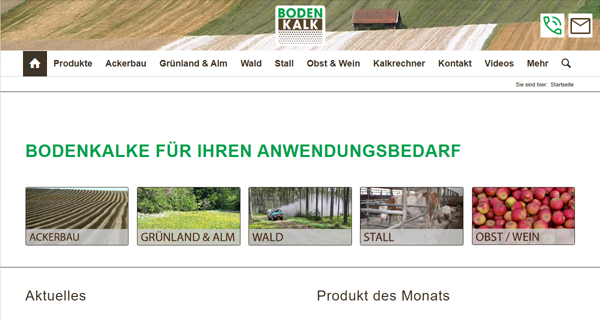 Screenshot der Startseite von www.bodenkalk.at