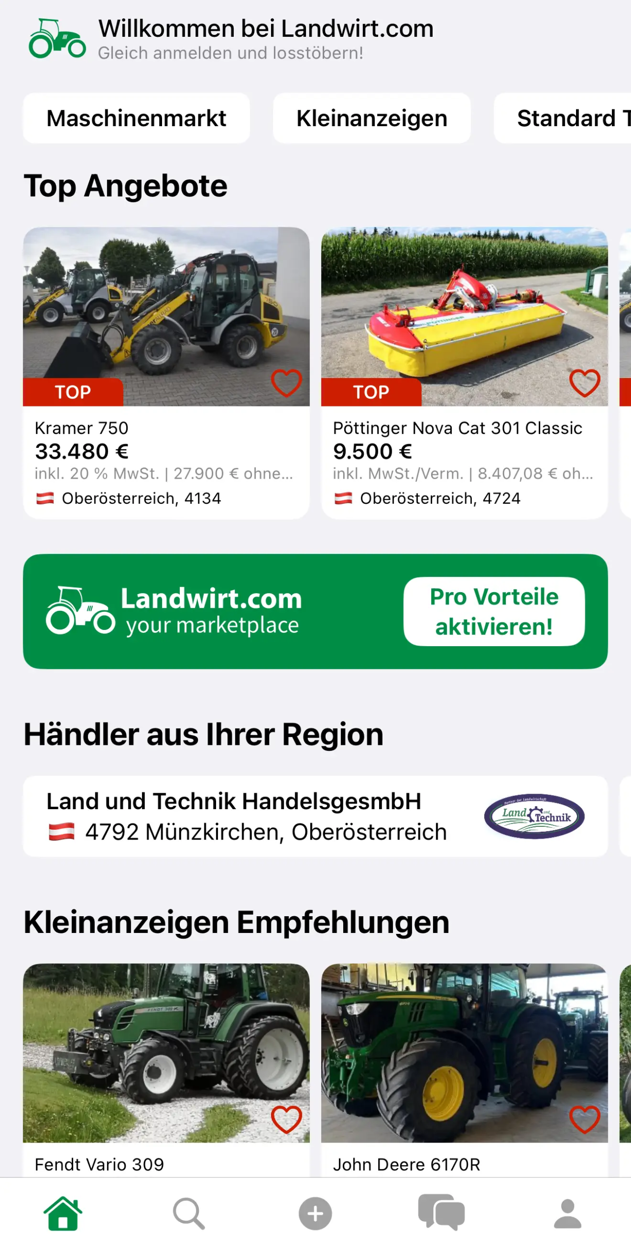 Screenshot des Startbildschirmes in der iOS Landwirt.com App
