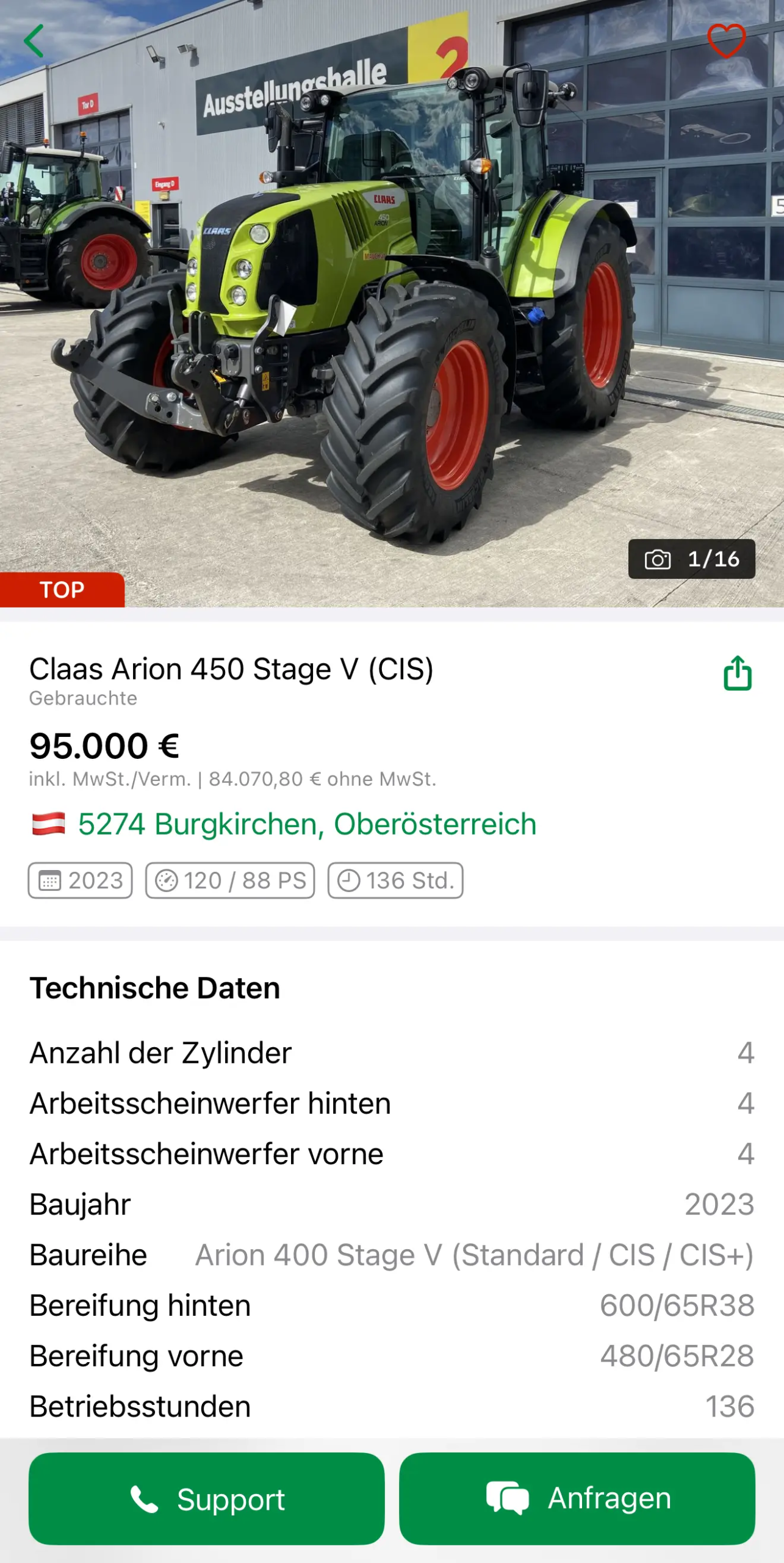 Screenshot einer Detailansicht in der iOS Landwirt.com App