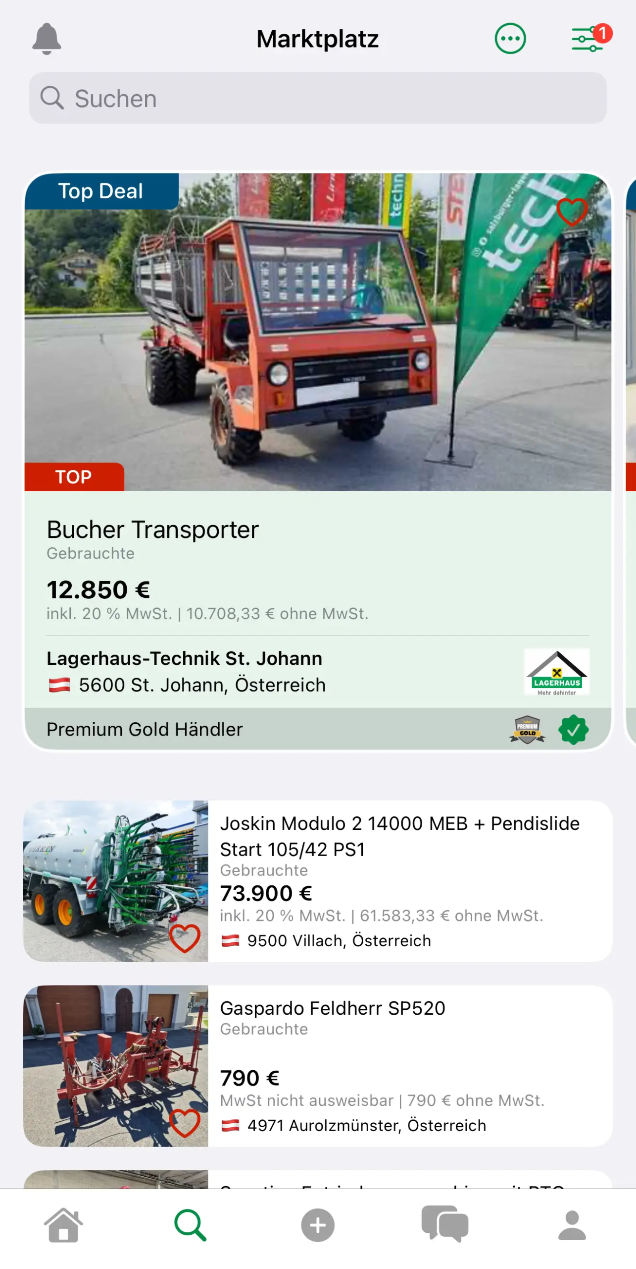 Screenshot der Suche in der iOS Landwirt.com App