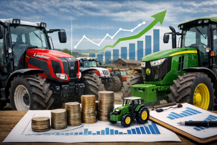 Traktoren, Münzen, Säulendiagrammen und Pfeil der einen positiven Trend beschreibt